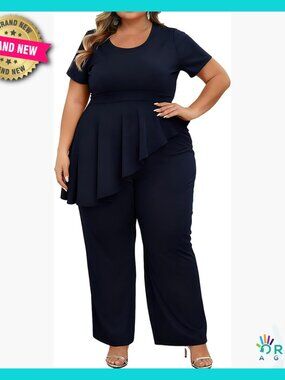 Plus Size Peplum Top Straight Pants Suit Set Business Casual Elegant Chic